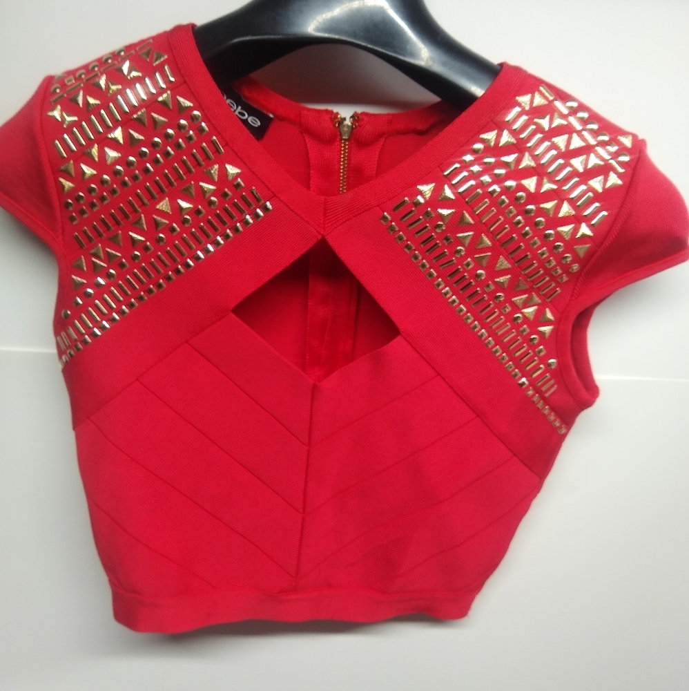 Red Bebe crop top with gold studs. Size xs - Picture 1 of 8
